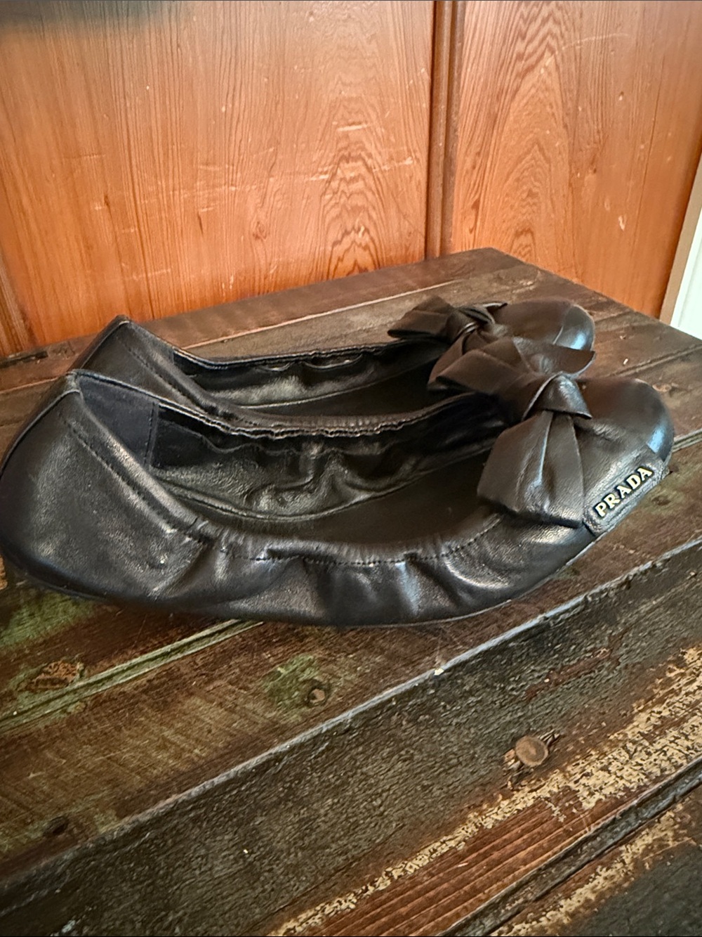 Prada Black Leather Bow Ballet Flats